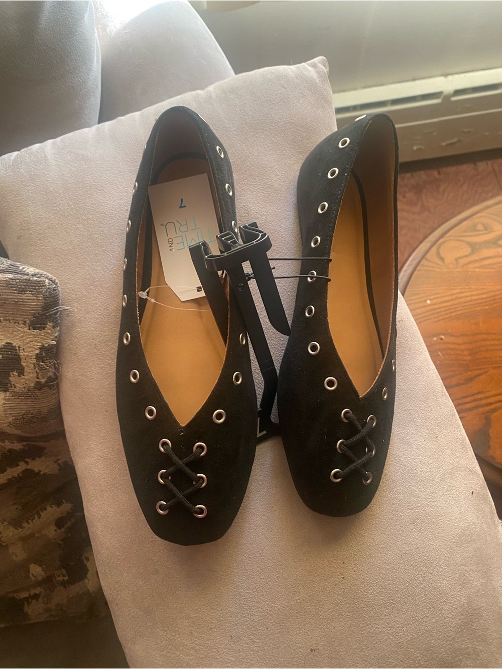 Time and Tru Black Lace-Up Grommet Ballet Flats